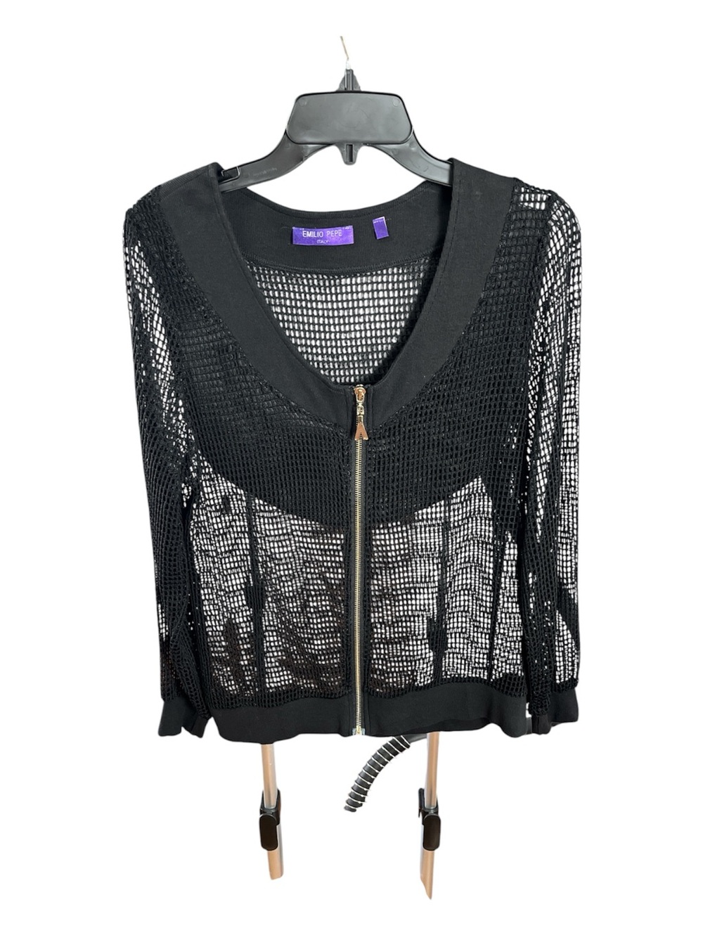 Emilio Pepe Italy Black Sheer Fishnet Mesh Bomber Zip-Up Jacket - Size S
